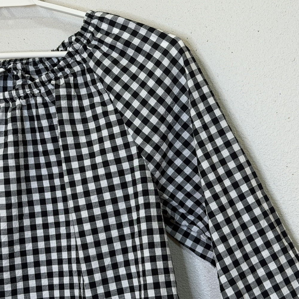 CJ Banks Peasant Top 1X Black Gingham Check 3/4 Sleeve Elastic Boat Neck Cotton - Picture 3 of 8